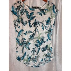 Tahari Women's White Blue Green Floral Linen Cap Sleeve Tunic Top Shirt Size M‎
